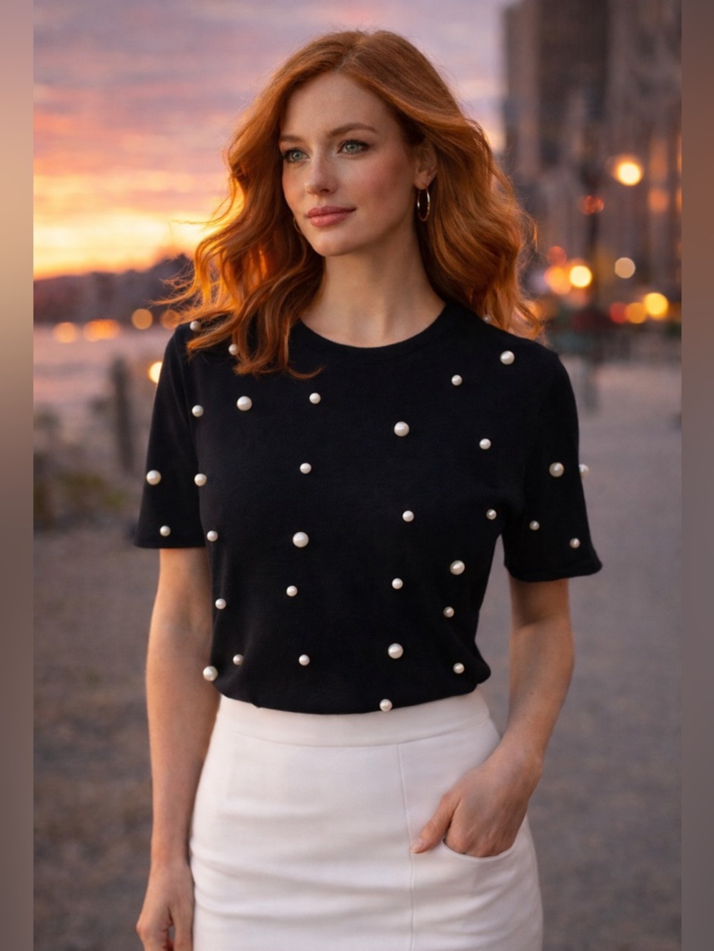 Zara Black Sweater with Pearl Accents